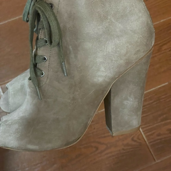 Firth Dez Mule Suede Bootie heel open toe size 6.5 Mousse brown gray green laces - Picture 13 of 16